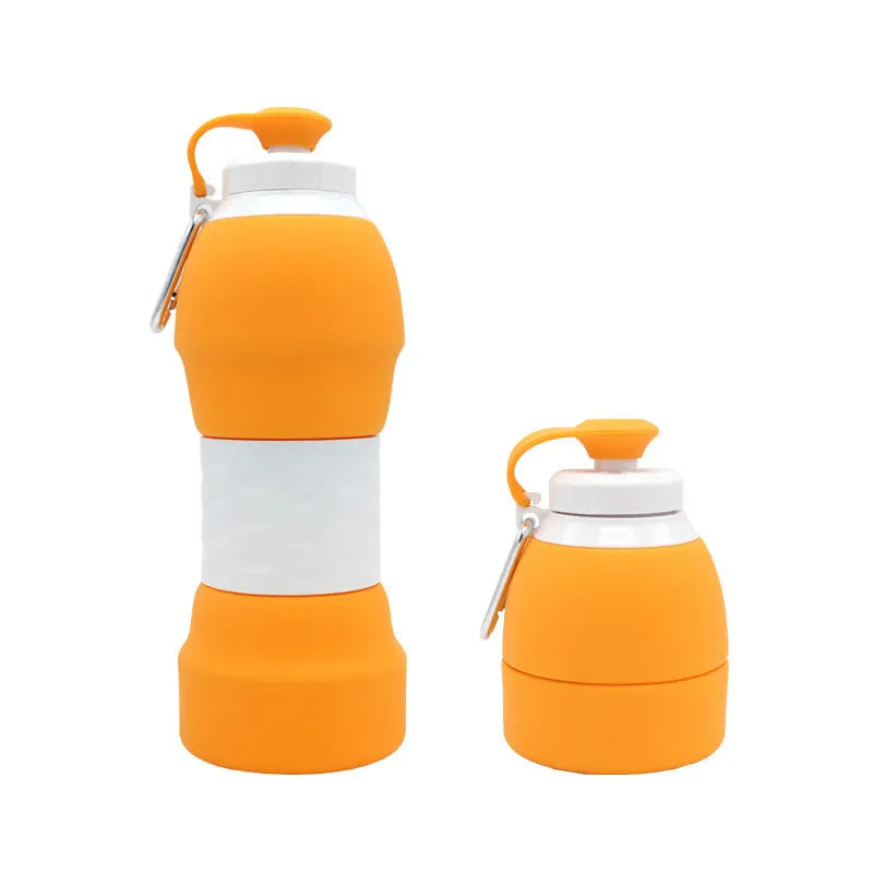 Blue silicone folding water bottle shown at full 22cm height and folded to 11cm height