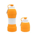 Blue silicone folding water bottle shown at full 22cm height and folded to 11cm height