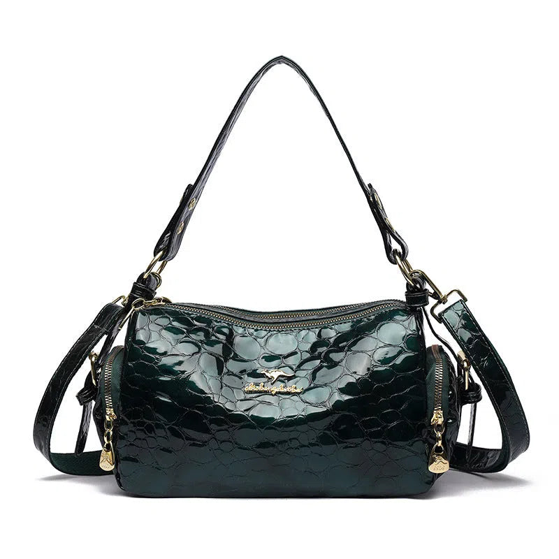 PU leather Boston pillow bag in khaki with stitched seams and stone pattern, double shoulder straps, internal pocket