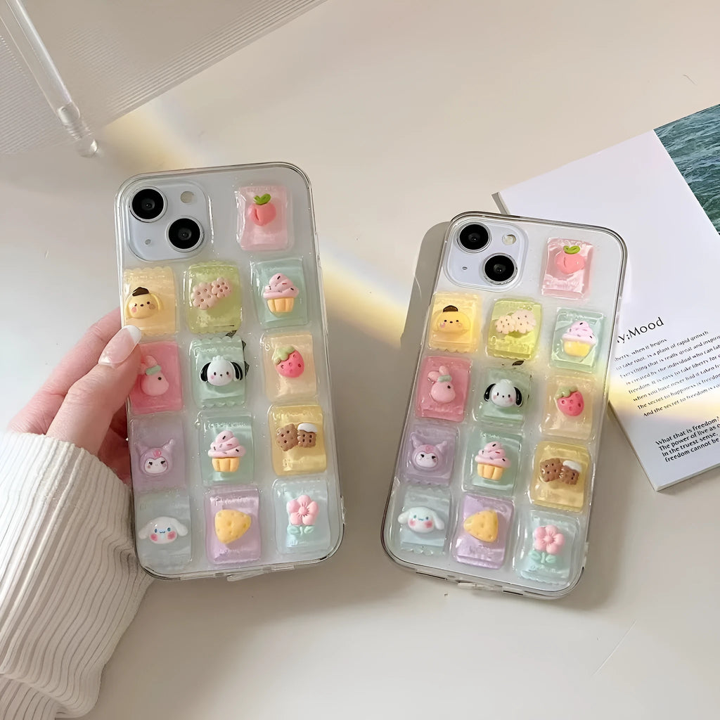Three-dimensional candy colour TPU adhesive phone case for iPhone on a white background