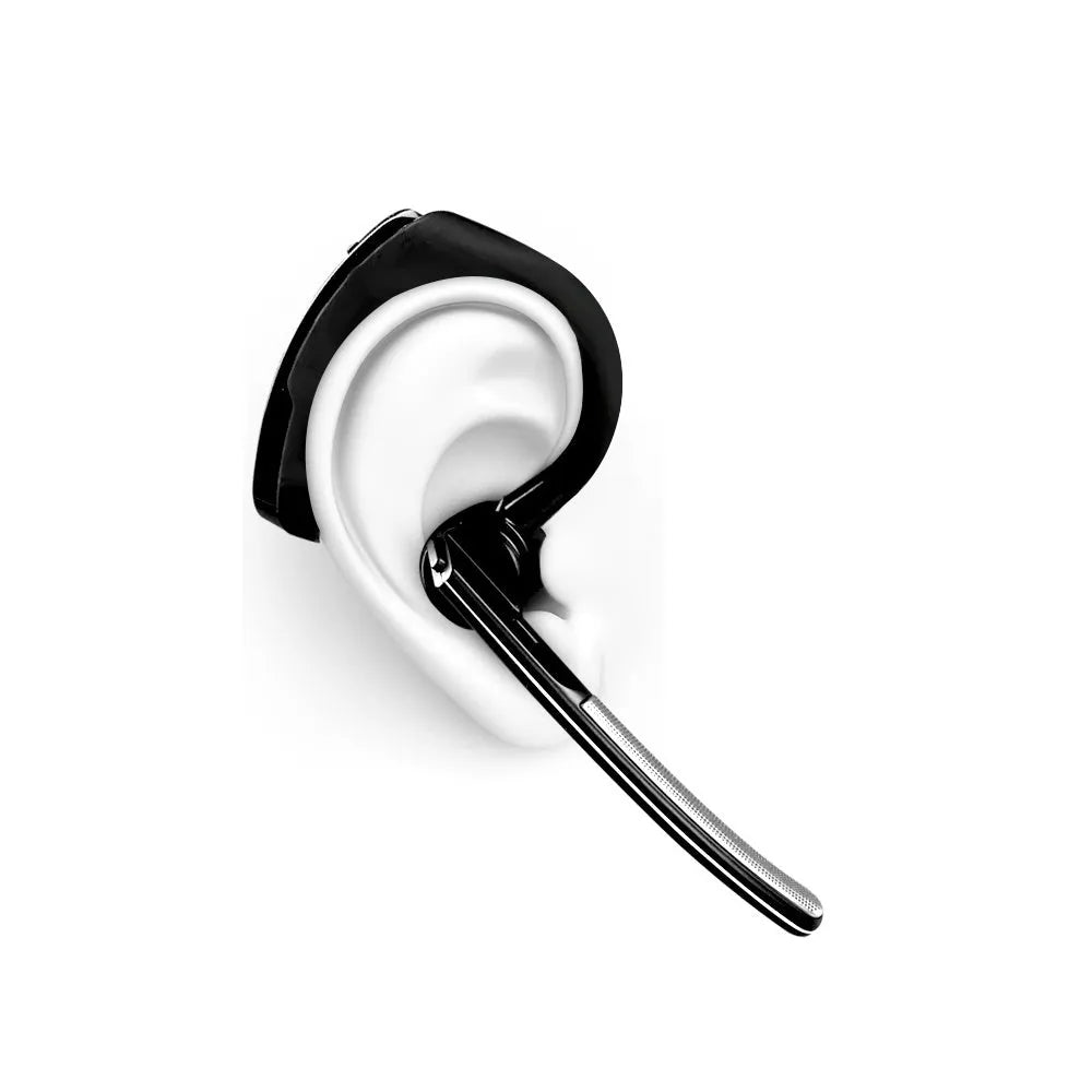V9 Jerry Bluetooth wireless headset with microphone, showing ergonomic ear design and compact cable