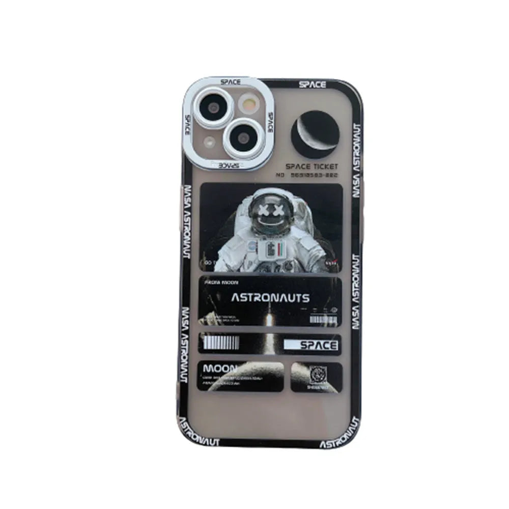 Blue and black graffiti space astronaut design on a silicone iPhone case for iPhone 13.