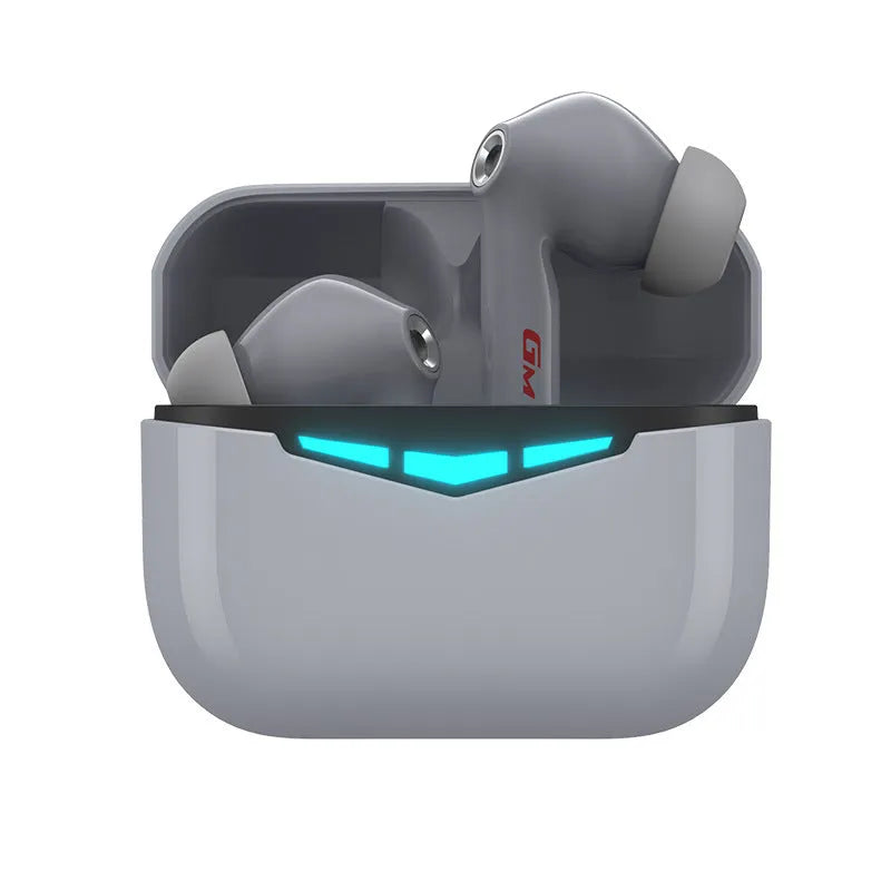 True wireless gaming Bluetooth earbuds in black with compact rectangular charging case on a grey background.