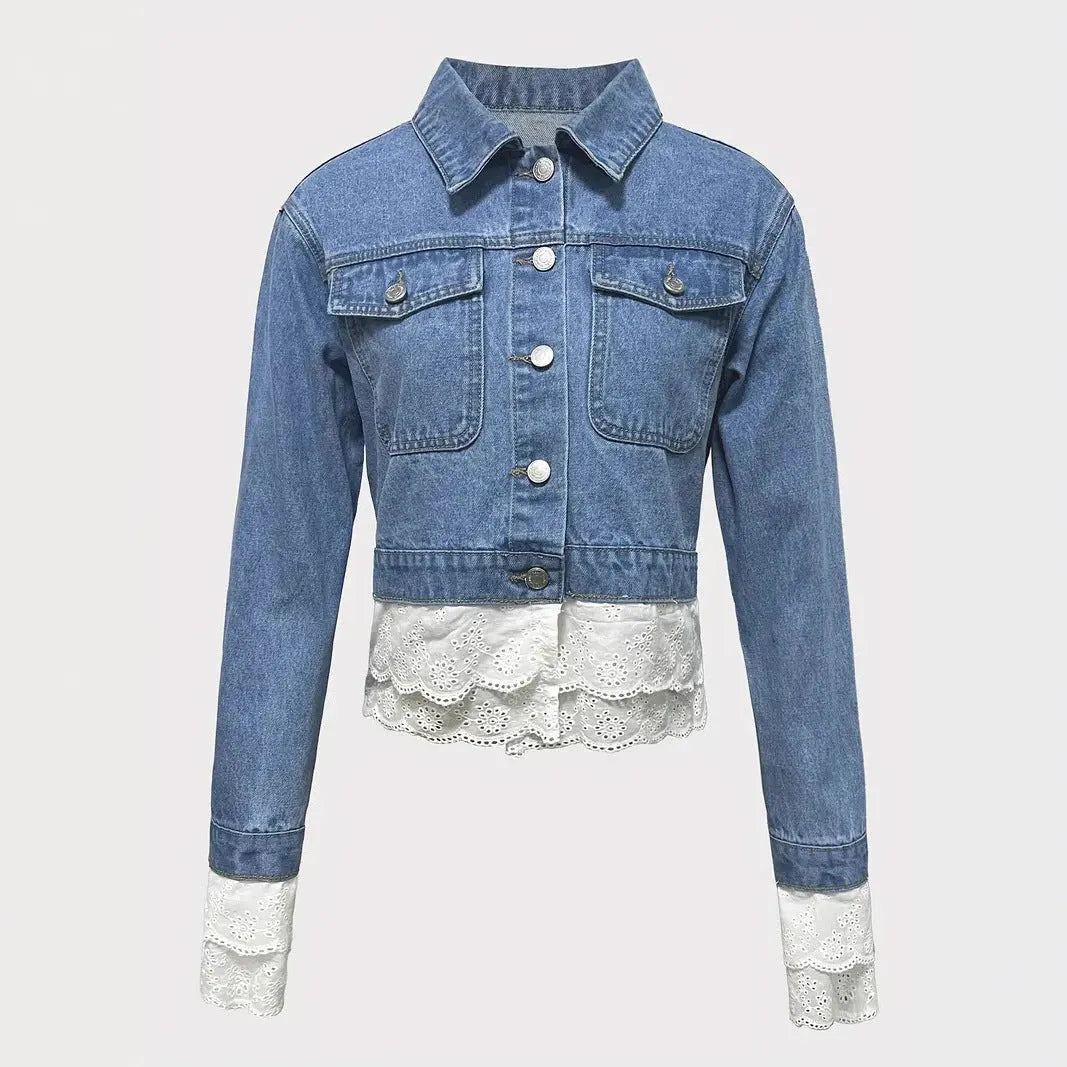 Blue women's denim jacket with lace stitching detail on the front, showing long sleeves.