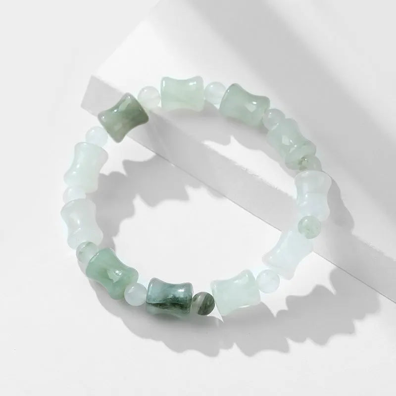 Natural chalcedony beaded bracelet with diamond-shaped jade stones and coconut shell beads on elastic string