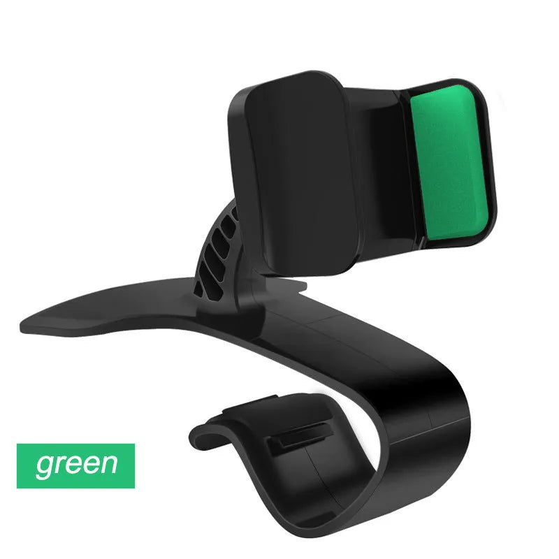 Dashboard car phone holder with silicone-grip bracket mounted on vehicle dashboard edge holding a smartphone