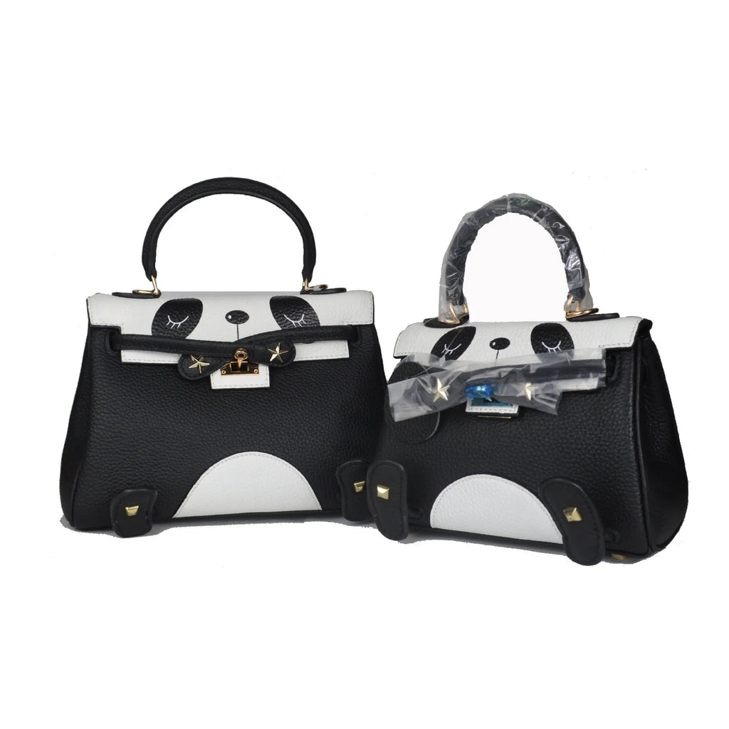 Panda handbag in cow leather with printed animal pattern, horizontal square shape, 20cm size