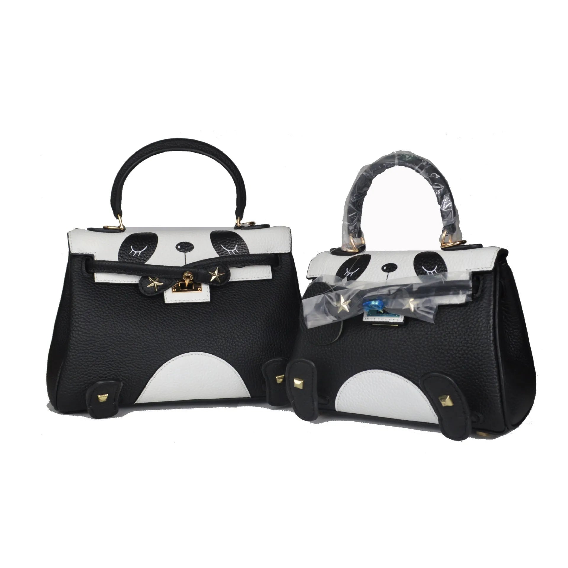 Panda handbag in cow leather with printed animal pattern, horizontal square shape, 20cm size
