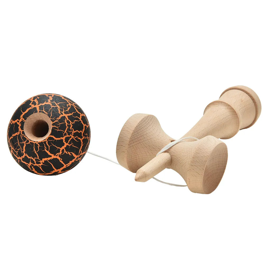 Wooden kendama toy with crack pattern finish, 18.5cm handle, 5.5cm ball, shown in one of seven colours