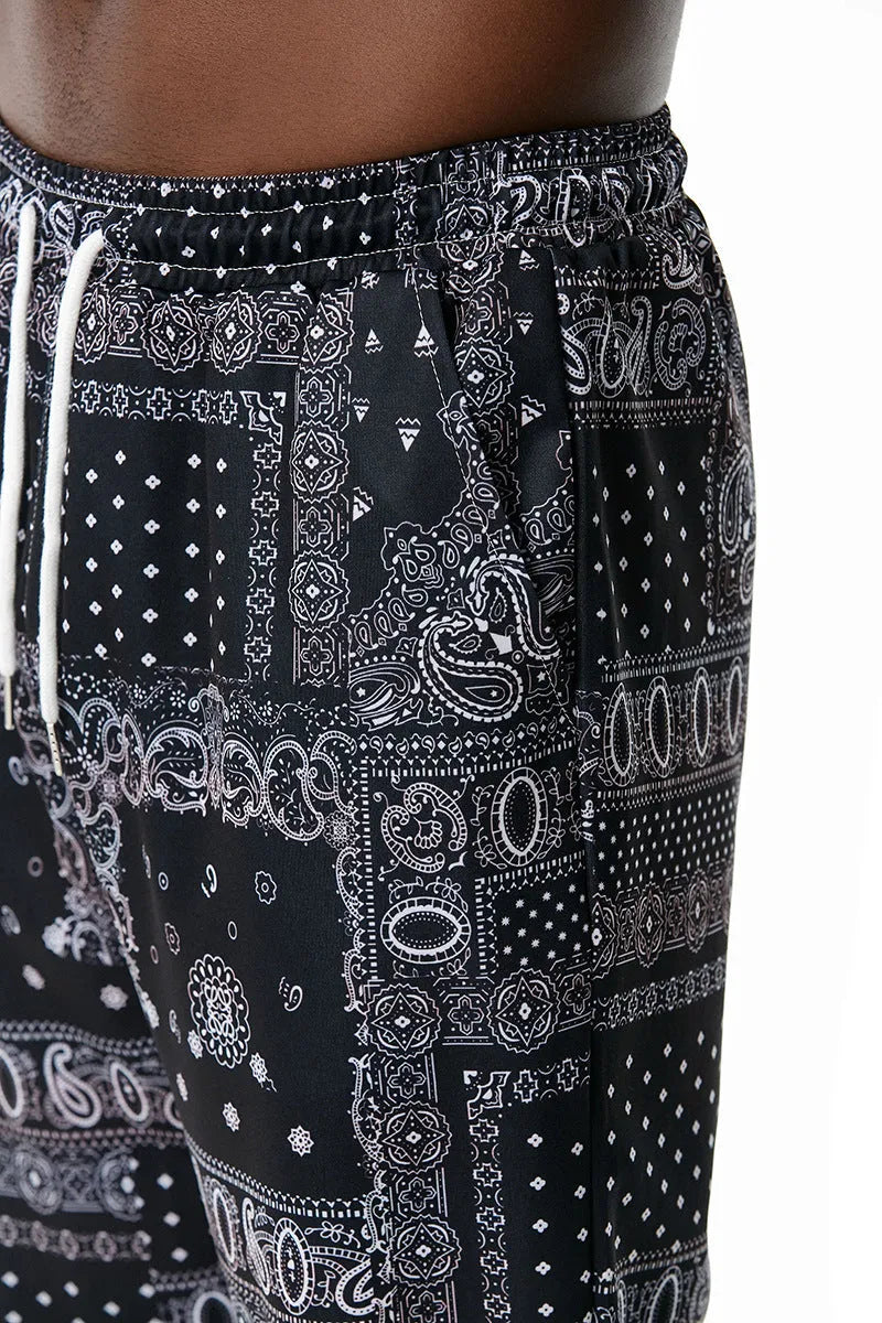 Ethnic printed slacks in Korean straight-leg style with mid-waist rise, no belt, available in sizes S to XXL