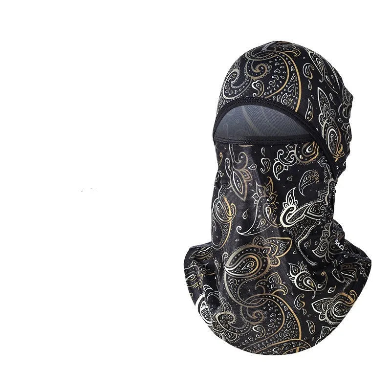 Cotton unisex motorcycle head cover and gloves set in dome style, shown in multiple colour options including patterned grey and sky blue.