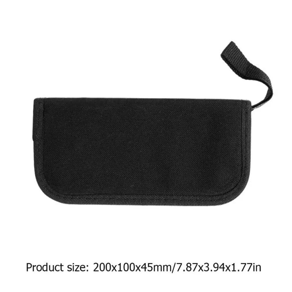 Black plastic guitar repair kit case open to show 16 chrome-plated steel tools including cutters, winders, and screwdrivers.