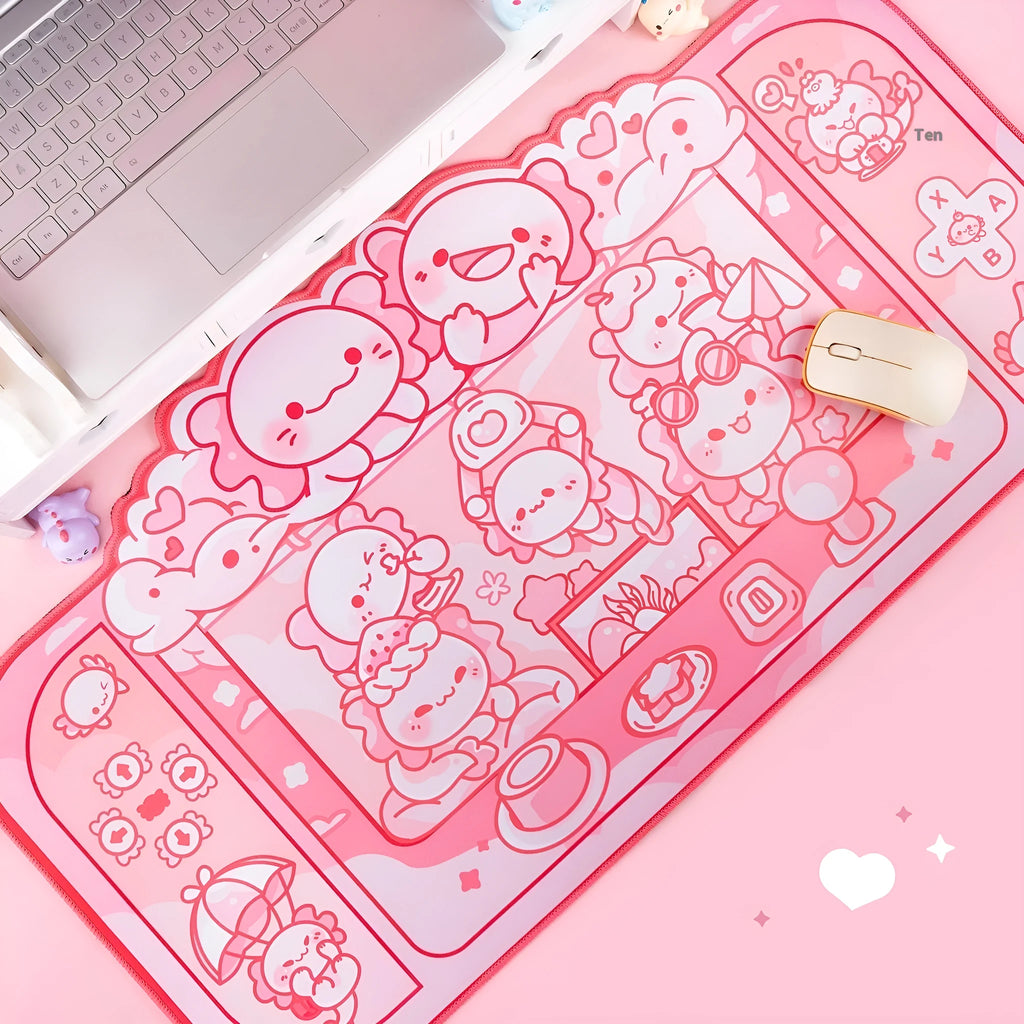 Large rectangular cloth mouse pad with hexagonal dragon crane machine cartoon design, shown on a desk.