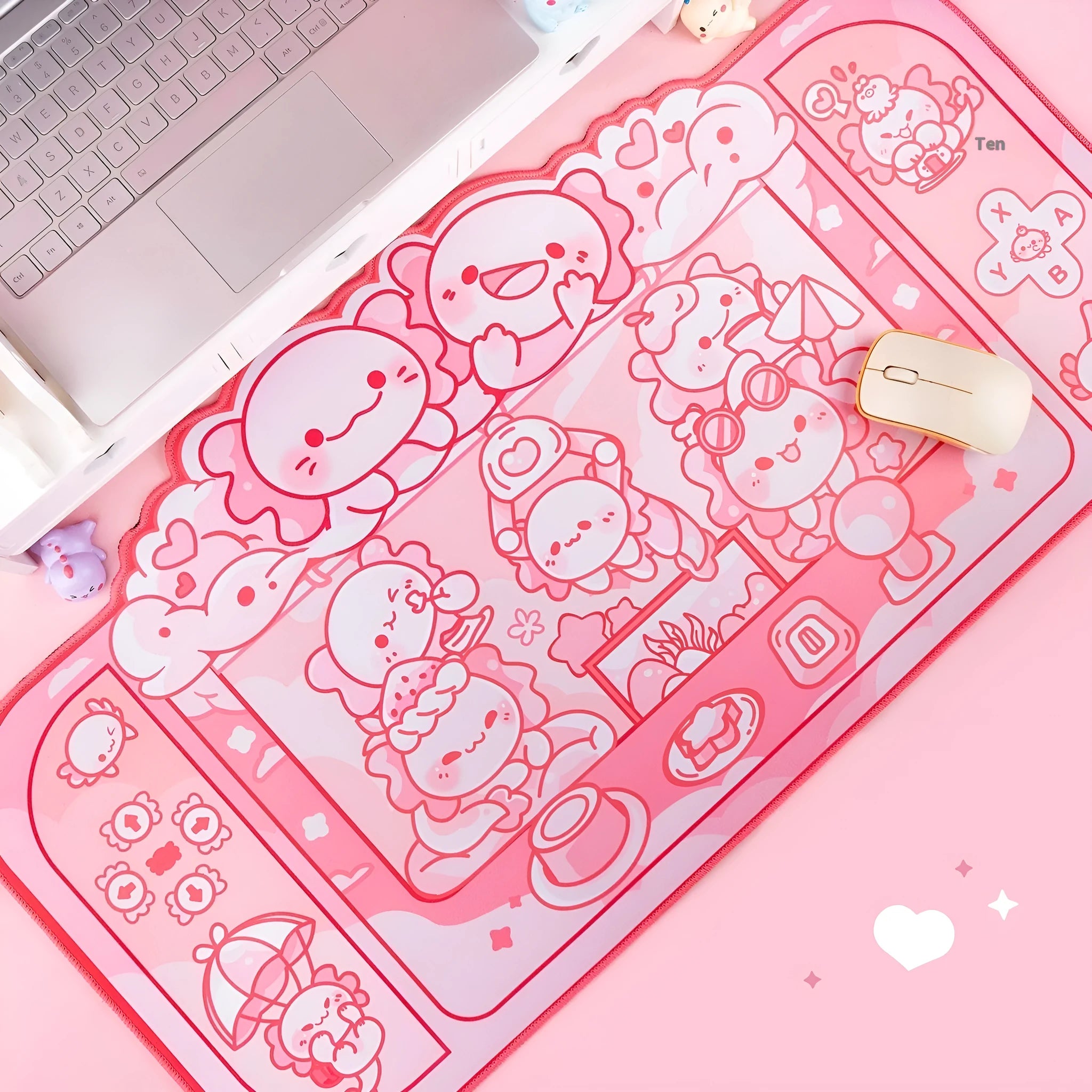 Large rectangular cloth mouse pad with hexagonal dragon crane machine cartoon design, shown on a desk.