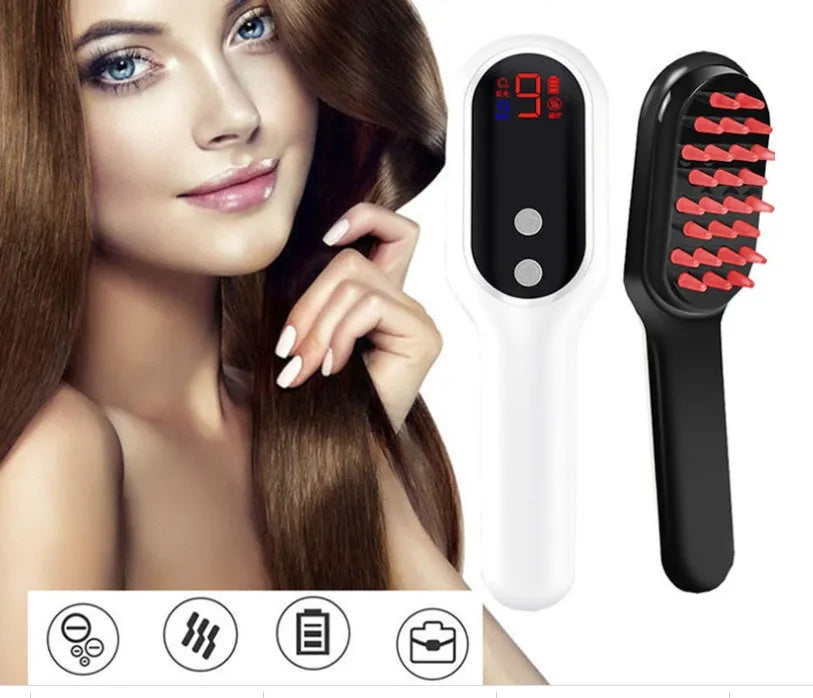 White electric head massager comb with red and blue light therapy, magnetic contacts, and LED display on a clean background