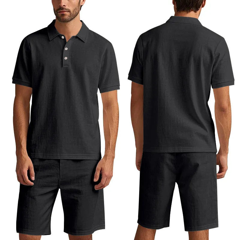 Men's loose casual summer short suit in linen-blend fabric with short sleeves and matching beach shorts