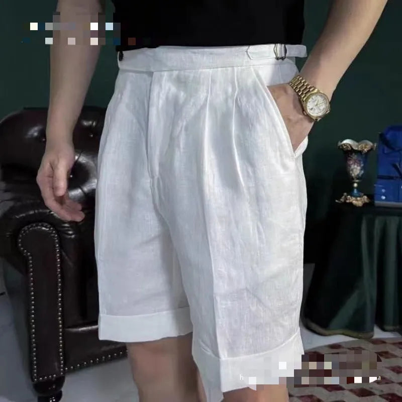 Men's linen five-point shorts in cotton-linen blend, double waist, cuffed hem, white colour, front view
