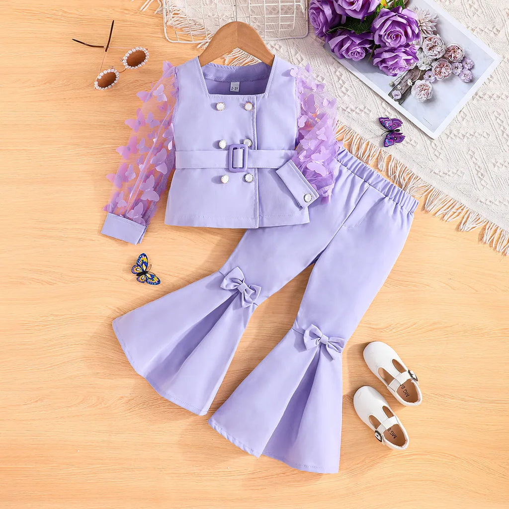 Girls' solid colour mesh sleeve top and bell-bottom trousers suit in polyester