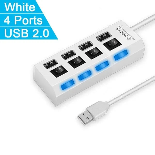 USB switch HUB for notebook computers showing 4-port and 7-port options in black and white