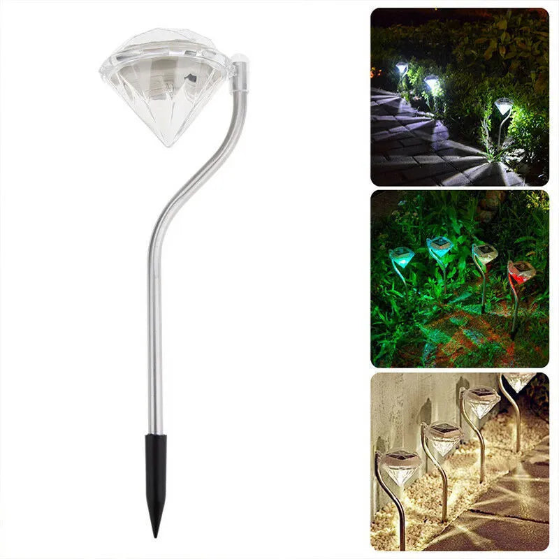 White solar powered diamond-shaped garden light for outdoor decoration.