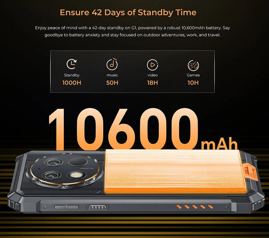 OUKITEL G1 mobile phone in green, grey, or orange colour with included charger and manual.