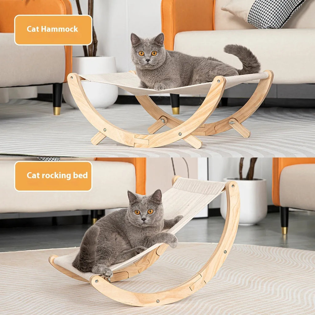 Solid wood foldable cat hammock bed with removable cover in canvas or plush options