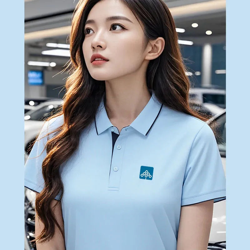 Men's light blue asymmetric ice silk polo shirt for work, showing the unique collar and button detail.