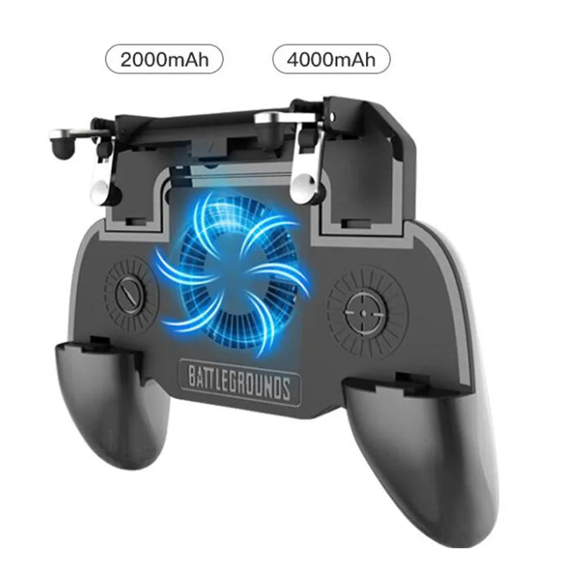 Black mobile game controller with USB cable for smartphones on a grey background.