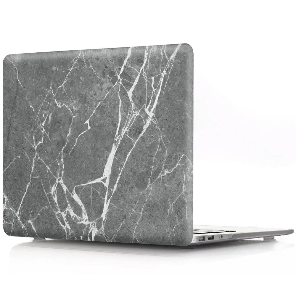 Plastic MacBook protective case in marble pattern showing front and side views