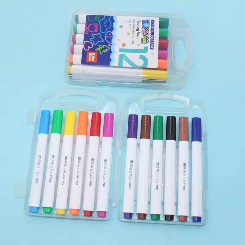 Children's 12-colour magic water floating pen set in PVC box with erasable watercolor pens and plastic shell