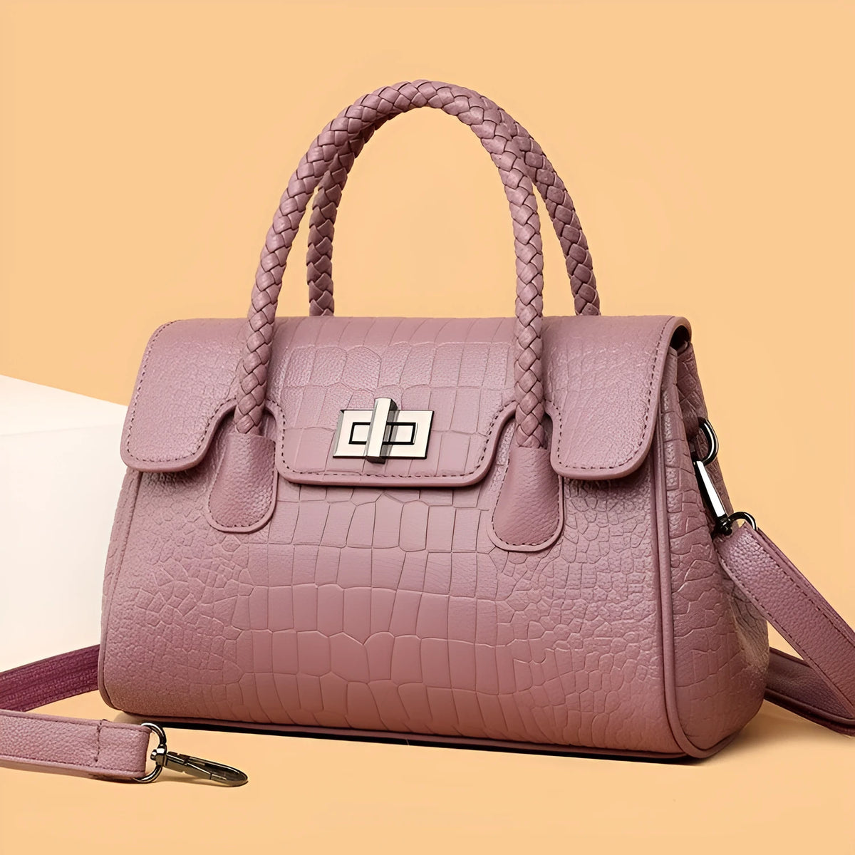 Women's PU handbag with stone pattern, horizontal square shape, available in six colours including red, purple, green, blue, black and grey.