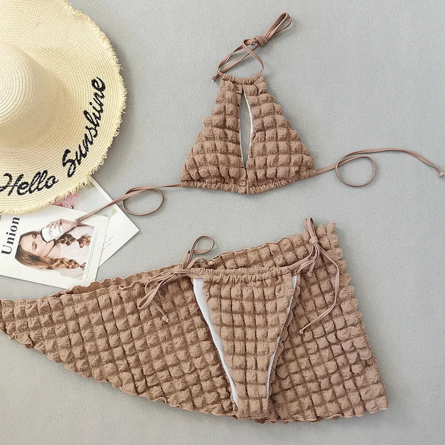 Brown seersucker women's lace-up three-piece bikini swimsuit with skirt