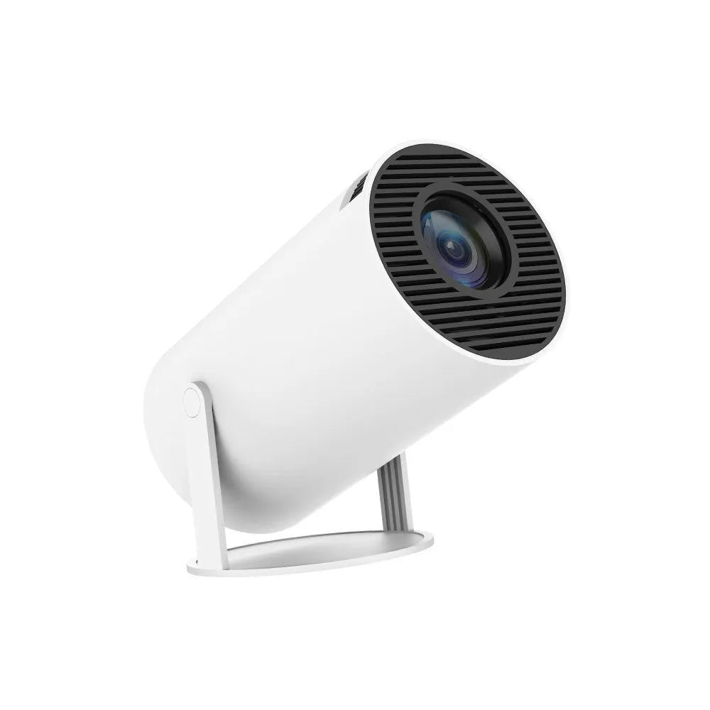 Portable home video projector with 180-degree stand, auto focus, 130-inch screen, and HY300 model in black.