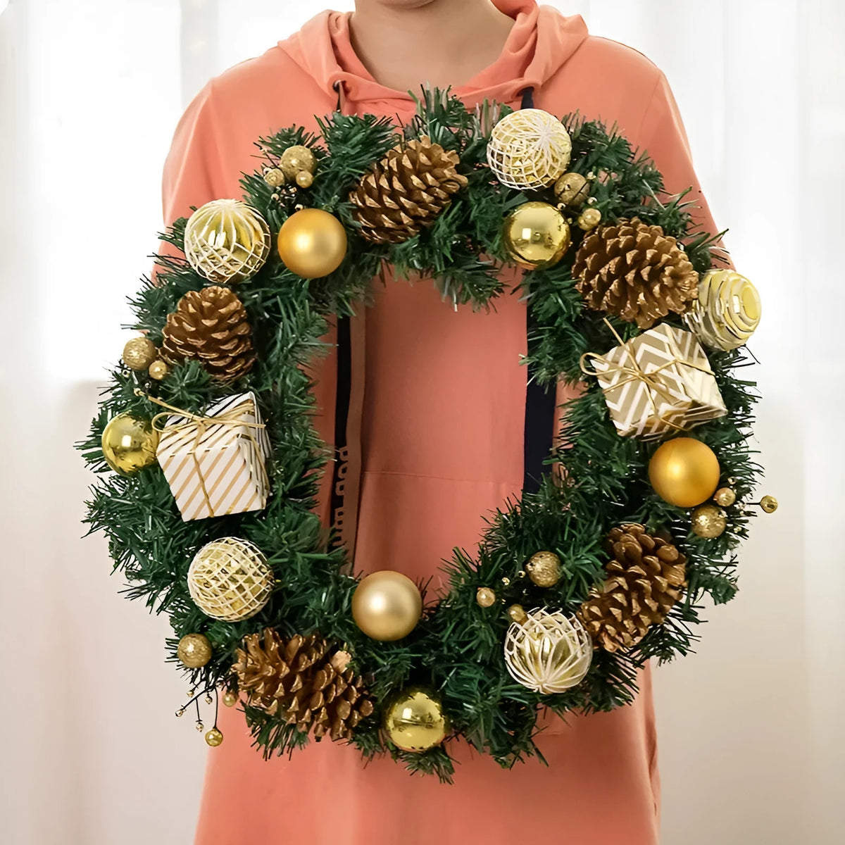 Christmas hanging vine ring wreath with red or golden gift bag, PVC decorative door hanging in 25cm, 35cm or 45cm