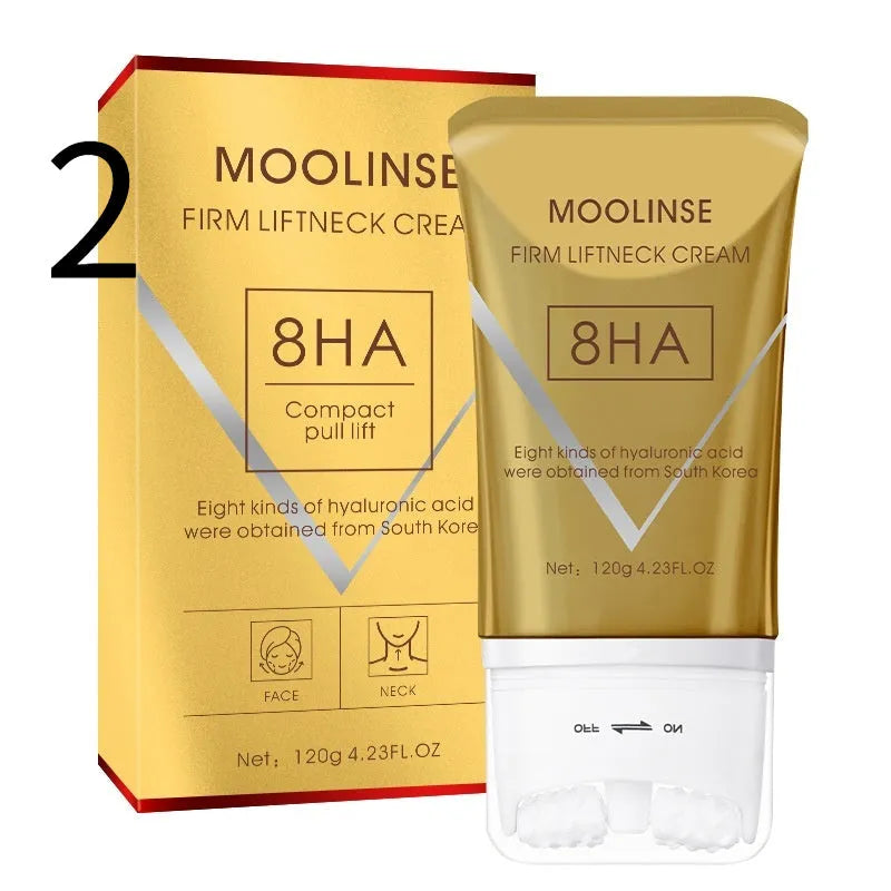Neck moisturising cream jar with a separate neck roller applicator on a plain background.
