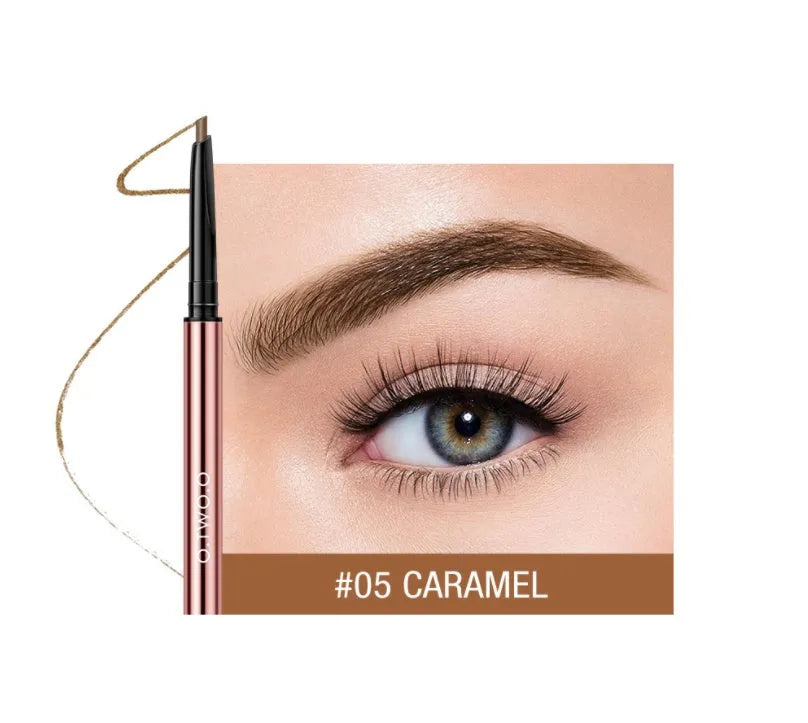 Eyebrow make-up pencil in colour box with six shade options including auburn and taupe.