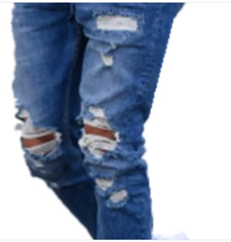 Men's distressed blue jeans with hole detailing in cotton fabric