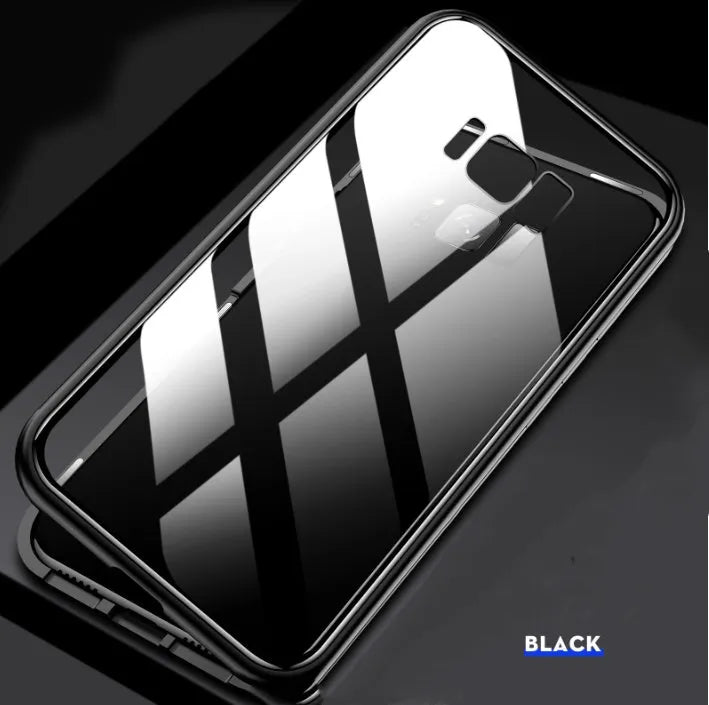 Black clamshell magnetic anti-peeping phone case for Samsung Galaxy phones, shown open and closed.