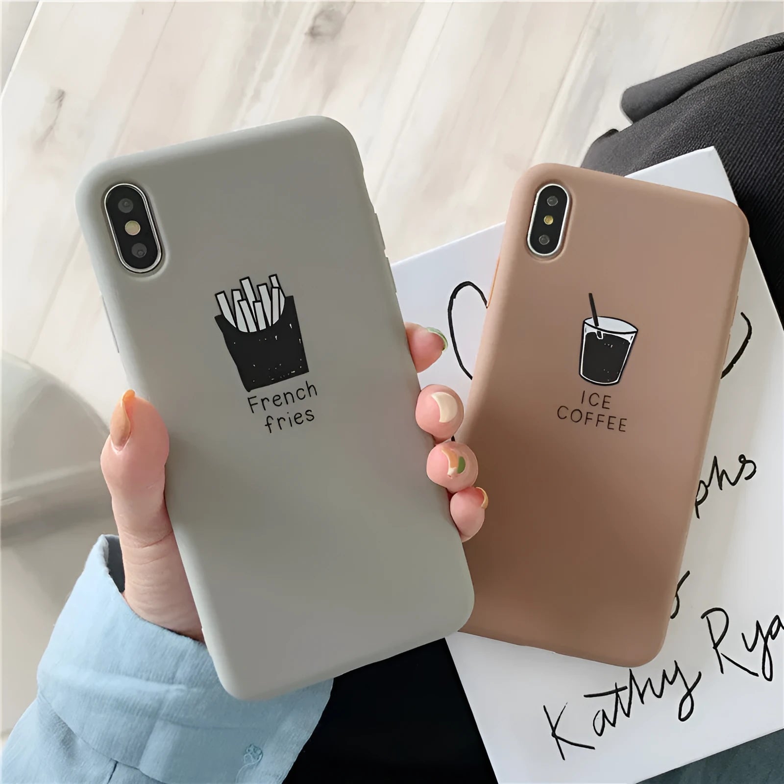 Soft matte silicone iPhone case with cute ice coffee couple design