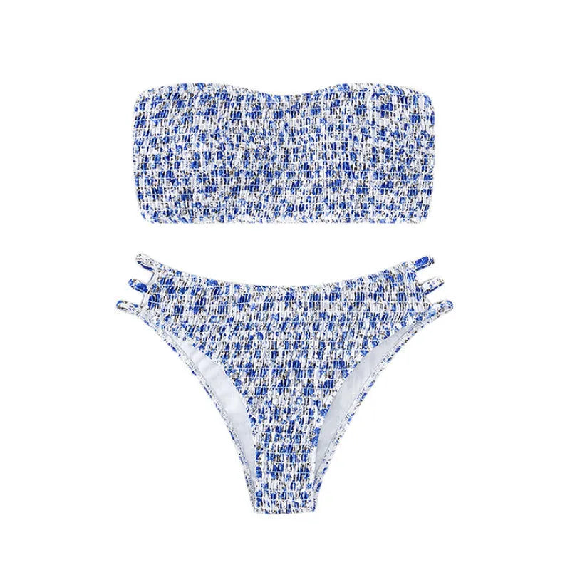 Women's strapless floral swimsuit with high-waist briefs on a mannequin