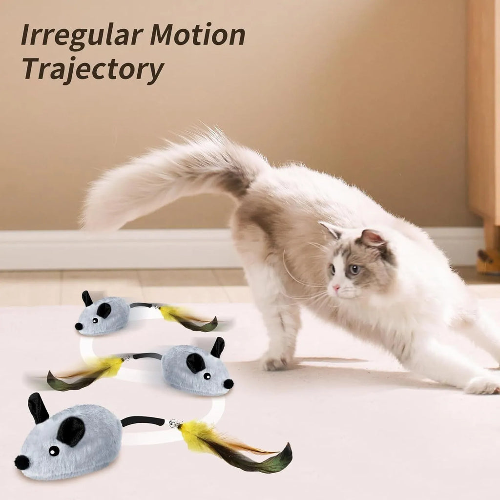 Grey and yellow interactive cat mouse toy with feather tail and LED lights for indoor feline exercise