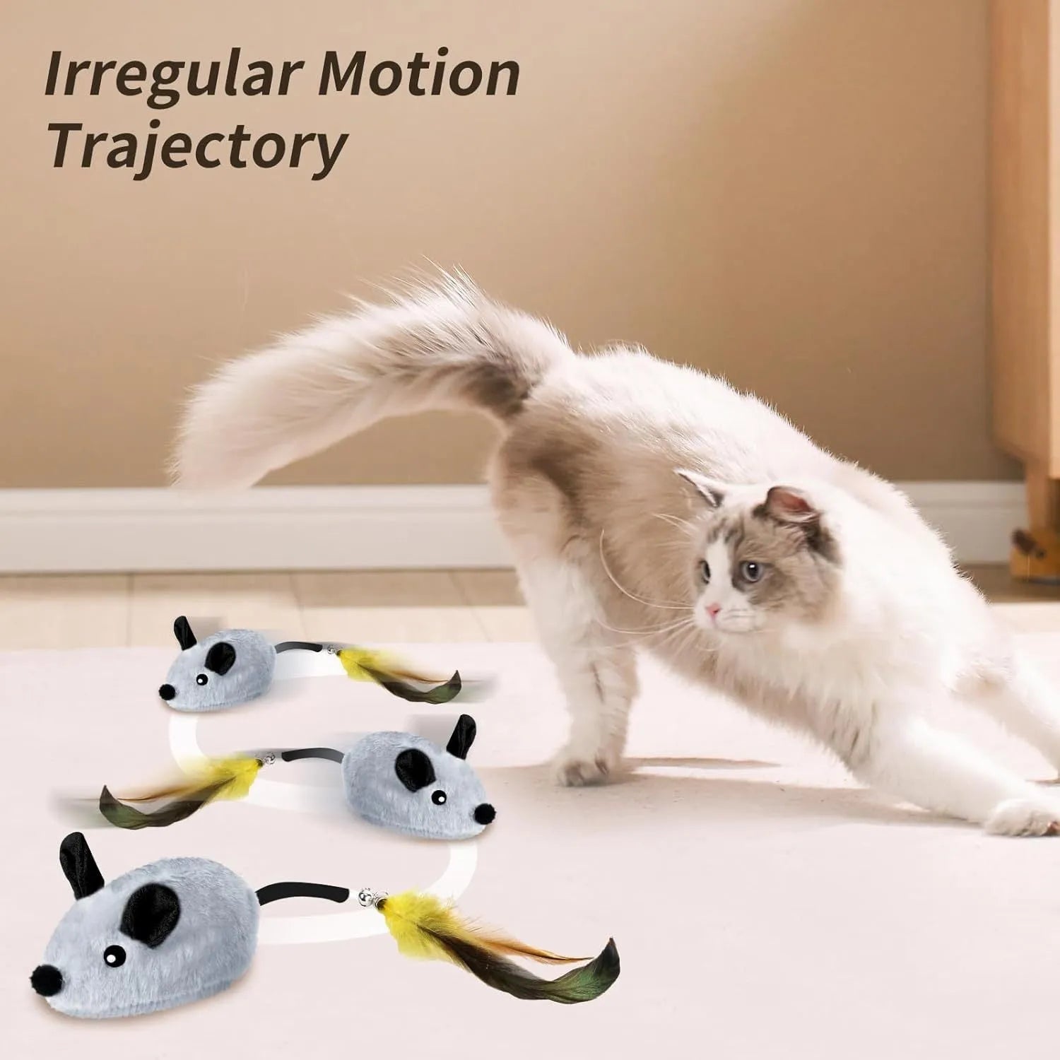 Grey and yellow interactive cat mouse toy with feather tail and LED lights for indoor feline exercise
