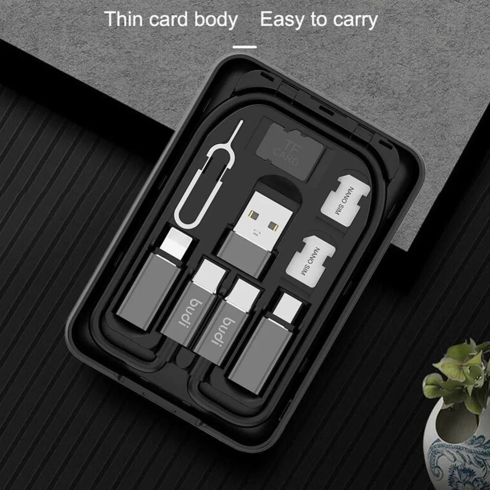 Black budi multi-functional power bank box with USB C cable, adapters, and SIM slots, 5000mAh capacity