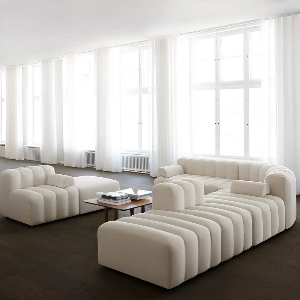 Beige fleece modular sofa with piano key design, high elastic foam sponge, mobile function, sizes 60x96x70cm to 120x96x70cm.