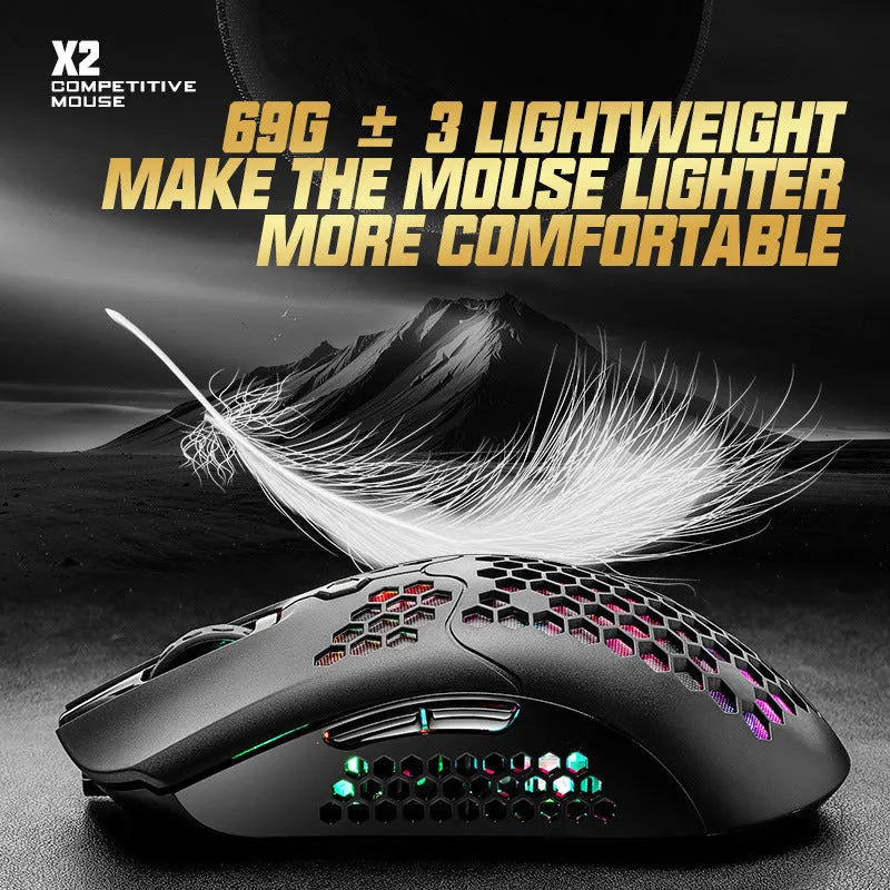Free Wolf X2 wireless RGB gaming mouse in black on a mouse pad, showing side buttons and USB-C port.