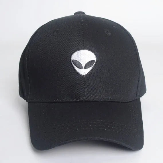 Alien head embroidered baseball cap in black with green label, unisex cotton satin weave