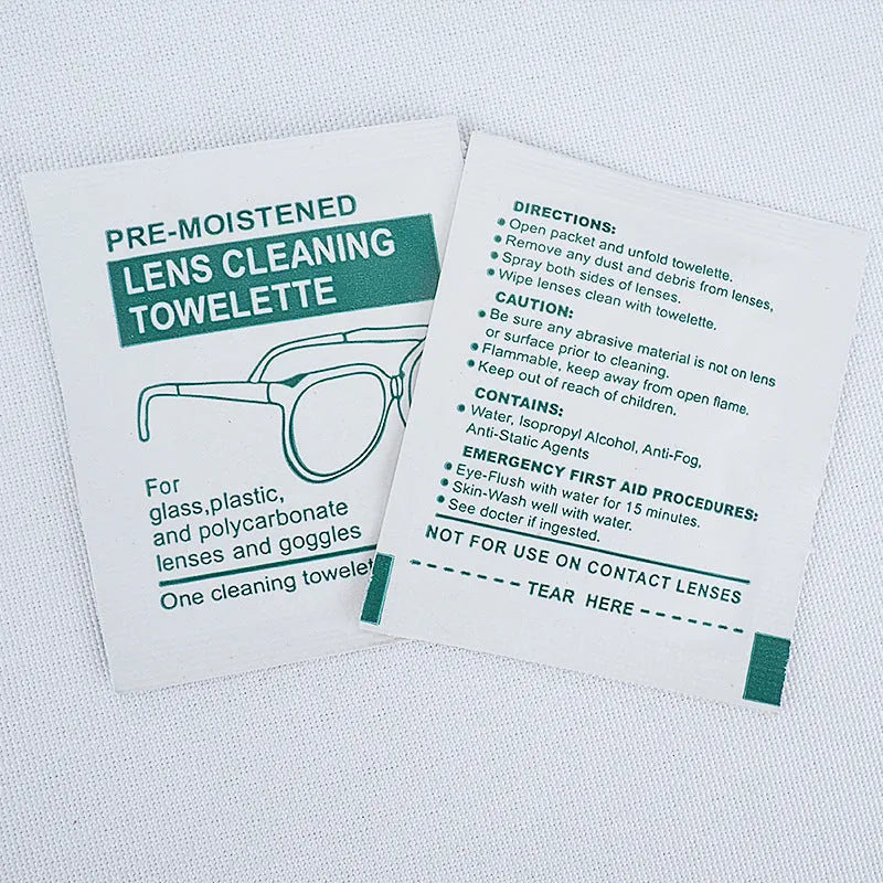 Pack of 100 individually sealed quick-drying anti-fog glasses and lens cleaning wipes