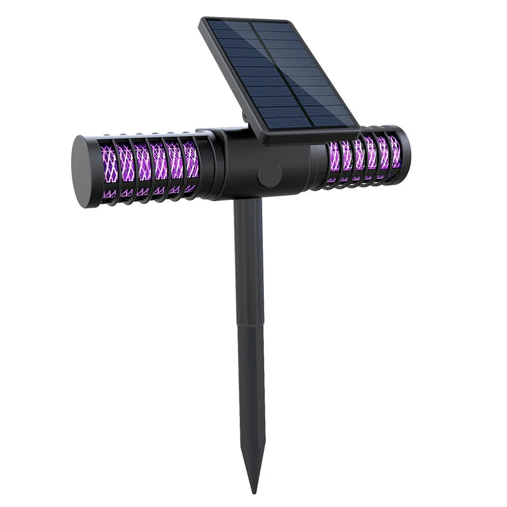 Black outdoor solar rechargeable UV mosquito killer lamp with IP65 waterproof rating and 2000mAh battery