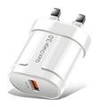 Compact white mobile phone smart charger with UK plug, showing dimensions 20mm by 40mm by 65mm