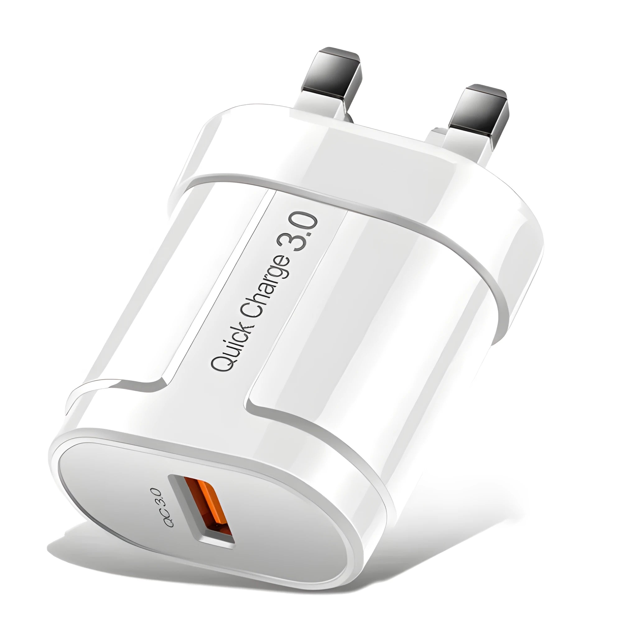 Compact white mobile phone smart charger with UK plug, showing dimensions 20mm by 40mm by 65mm